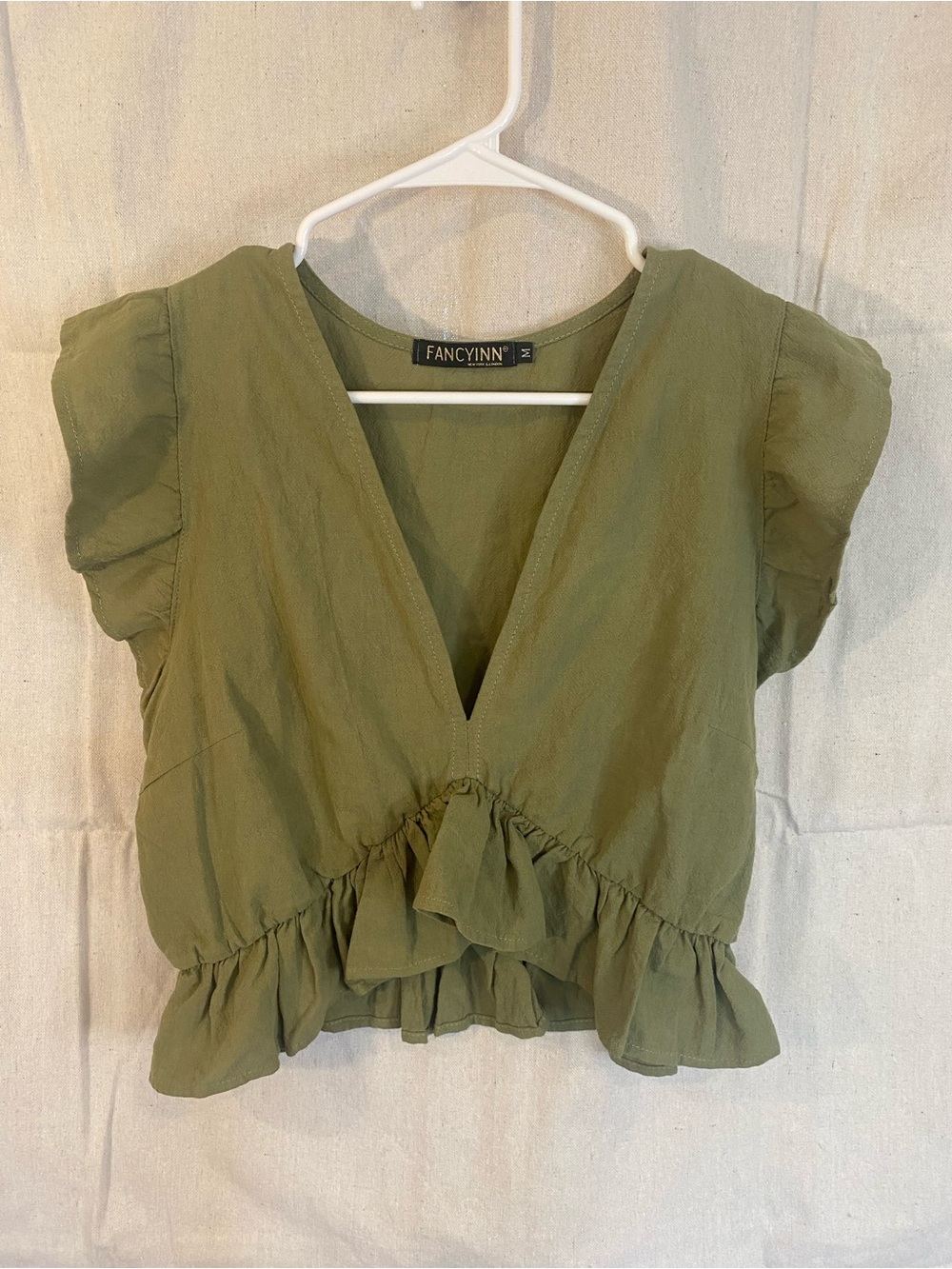 FANCYINN Olive Green Ruffle V-Neck Crop Top